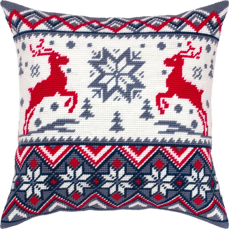 Brvsk Winter Stamped Cross-Stitch Kit for Adults and Beginners — Reindeer Pattern 16″ × 16″ with Clear, Precise Printed Design on Cotton Canvas; Includes 2 Needles, Yarn, and Easy-Read Chart - Image 1